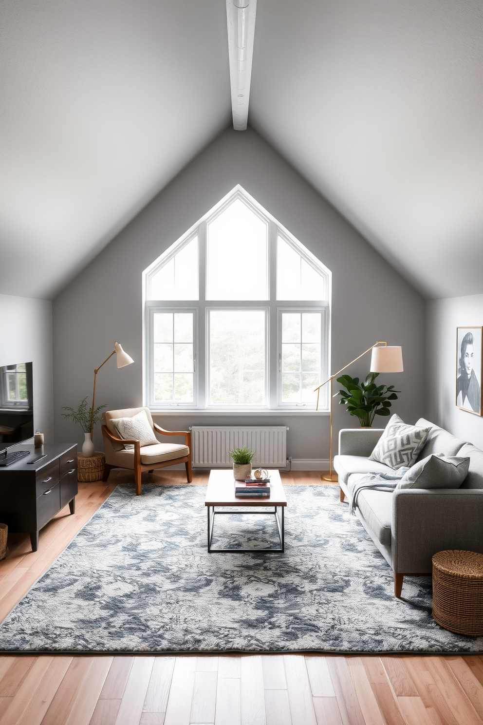 Bright gray area rug to define space. The attic room features sloped ceilings with large windows allowing natural light to flood in. Soft gray walls create a cozy atmosphere. A mix of modern and vintage furniture pieces adds character and warmth to the design.