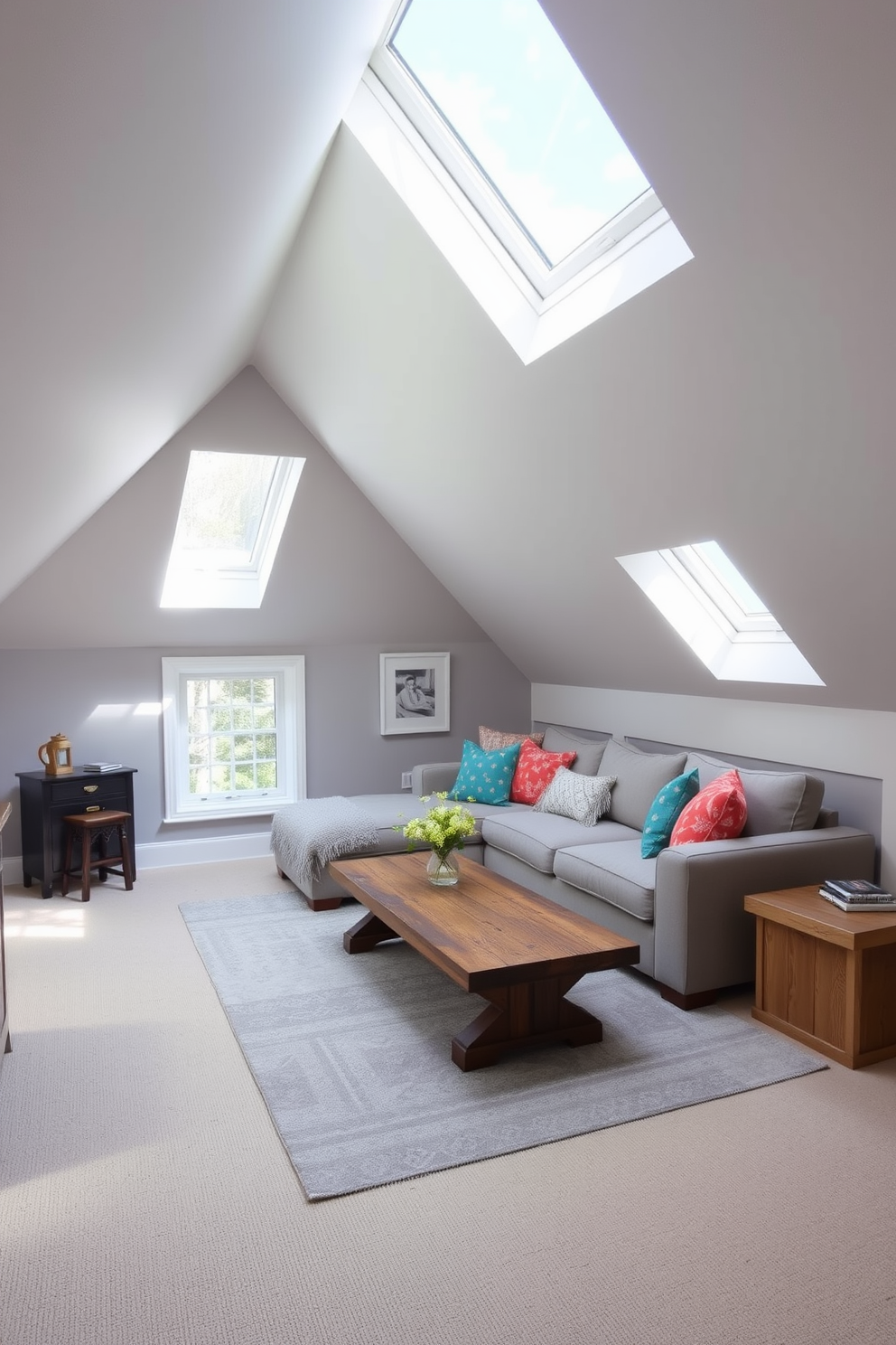 A cozy gray attic room with sloped ceilings and large skylights that allow natural light to flood the space. The walls are painted a soft gray with contrasting white trim, creating a harmonious and inviting atmosphere. A plush seating area features a comfortable sectional sofa adorned with colorful throw pillows. A rustic wooden coffee table sits in the center, complemented by a stylish area rug that adds warmth to the room.