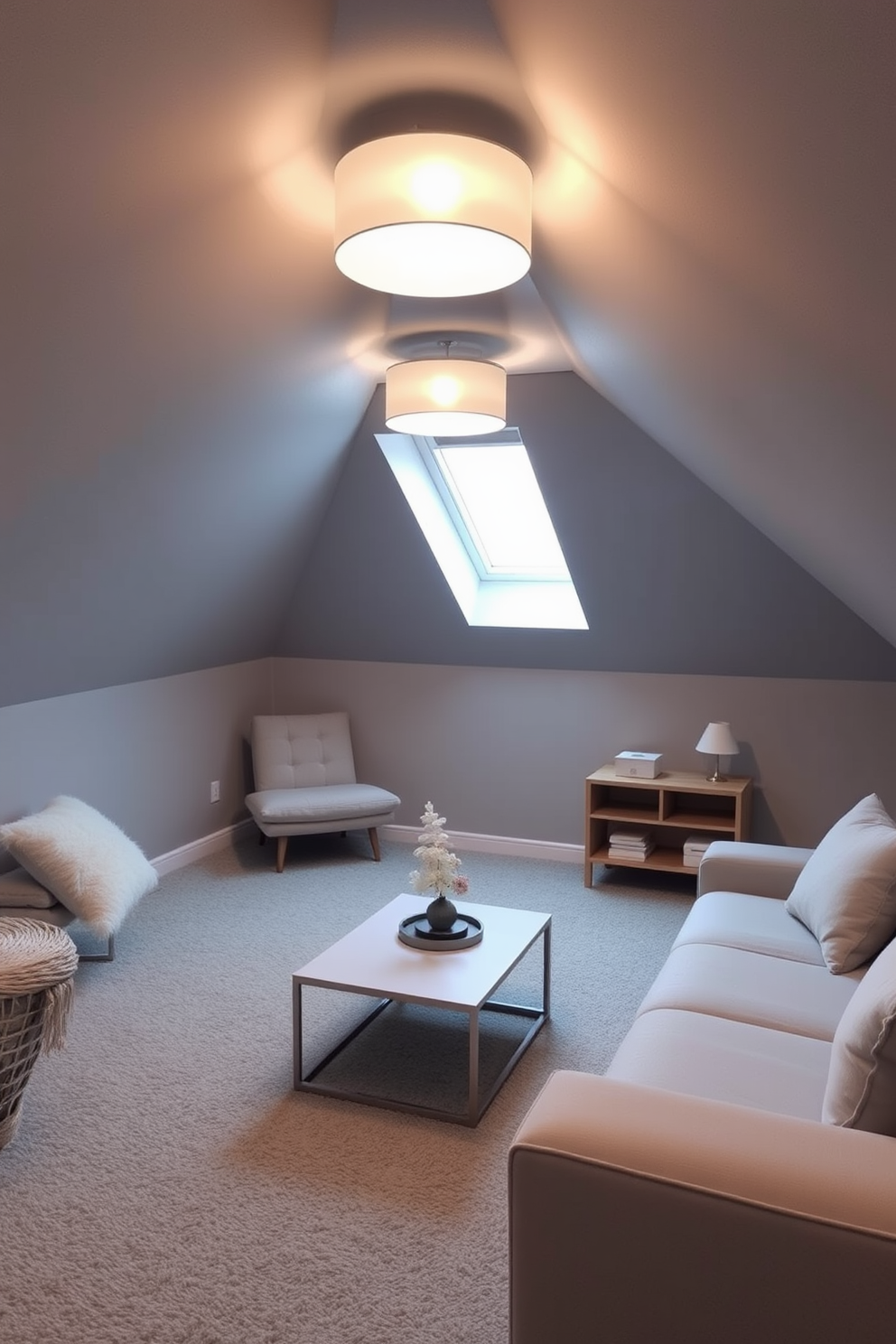 A cozy attic room designed with soft gray lighting fixtures that create a warm and inviting ambiance. The walls are painted in a light gray shade, complemented by plush gray carpeting and minimalist furniture that enhances the serene atmosphere.