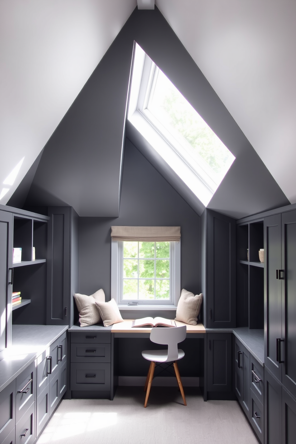 A cozy gray attic room designed for relaxation and productivity. The space features built-in gray storage units along the sloped walls, providing ample organization while maintaining a sleek aesthetic. Natural light streams in through a skylight, illuminating a comfortable reading nook with plush cushions. A small desk sits beneath the window, perfect for a quiet workspace with views of the treetops outside.