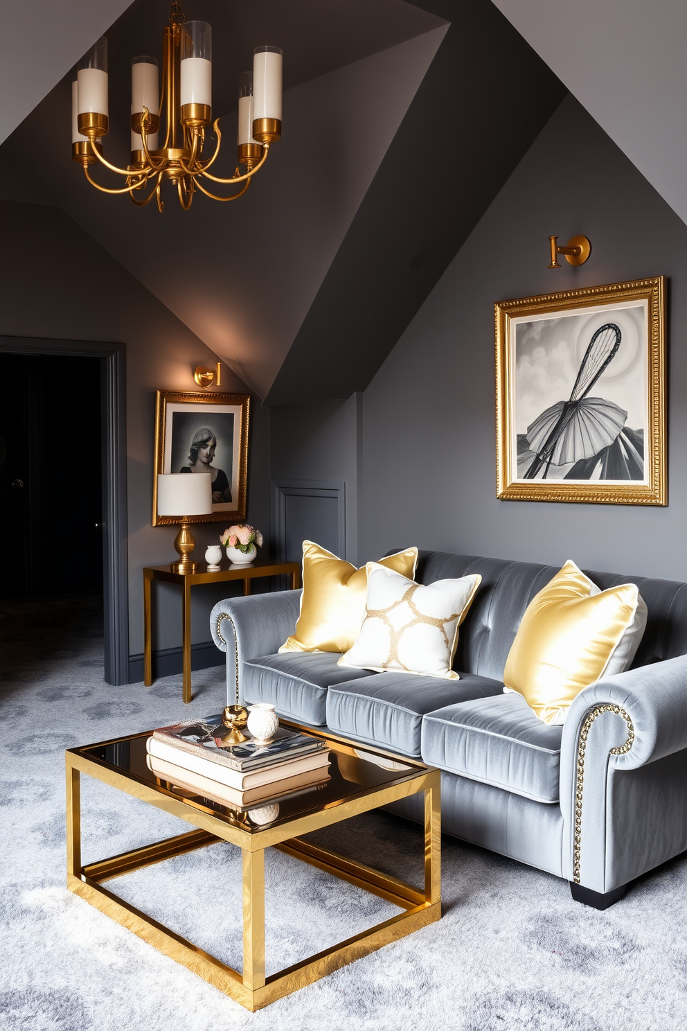 A luxurious attic room featuring a sophisticated gray color palette accented with gold decor. The walls are painted in a soft gray, complemented by plush gray carpeting and elegant gold light fixtures. A cozy seating area includes a gray velvet sofa adorned with gold and white throw pillows. The room is enhanced with gold-framed artwork and a stylish gold coffee table that adds a touch of glamour.