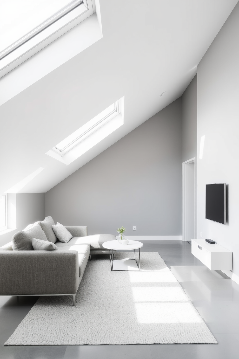 A minimalist gray attic room featuring clean lines and an open layout. The walls are painted in a soft gray, complemented by a sleek gray sofa and a low-profile coffee table. Natural light floods the space through large skylights, highlighting the simplicity of the decor. A cozy area rug in a lighter shade of gray anchors the seating area, creating a warm and inviting atmosphere.