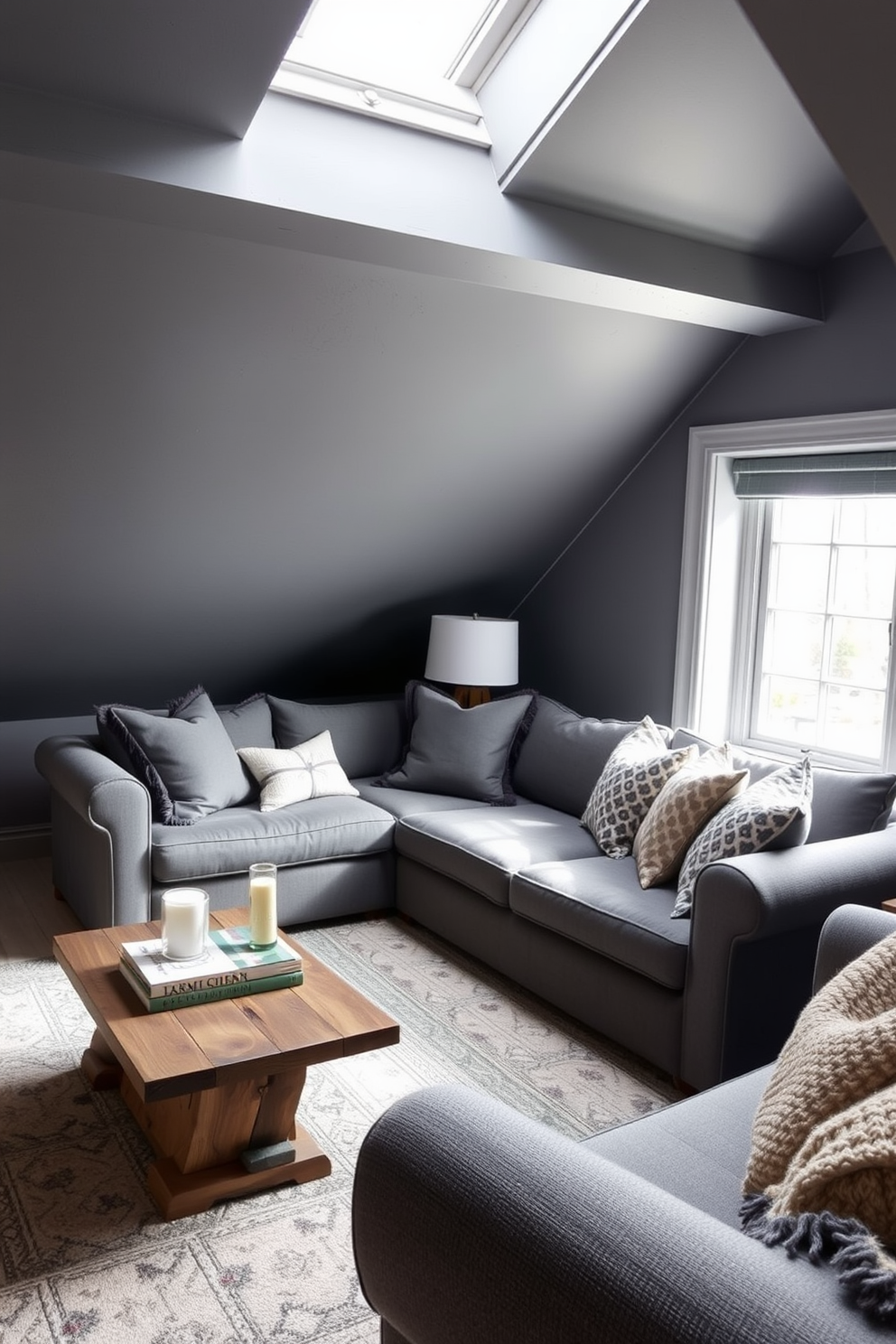 A cozy attic room with sloped gray painted ceilings creates an inviting atmosphere. The room features a plush gray sofa positioned near a large window, allowing natural light to flood in. A rustic wooden coffee table sits in front of the sofa, adorned with a few stylish books and a decorative candle. Soft, textured throw pillows in varying shades of gray add warmth and comfort to the space.