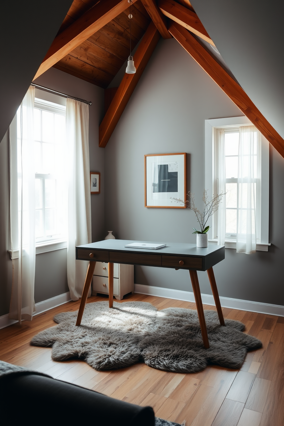 A stylish gray desk with natural wood accents is positioned in the center of a cozy attic room. The walls are painted in a soft gray, complemented by exposed wooden beams that add warmth and character to the space. A plush area rug lies beneath the desk, providing comfort and a touch of elegance. Large windows with sheer curtains allow natural light to flood the room, highlighting the minimalist decor and inviting atmosphere.