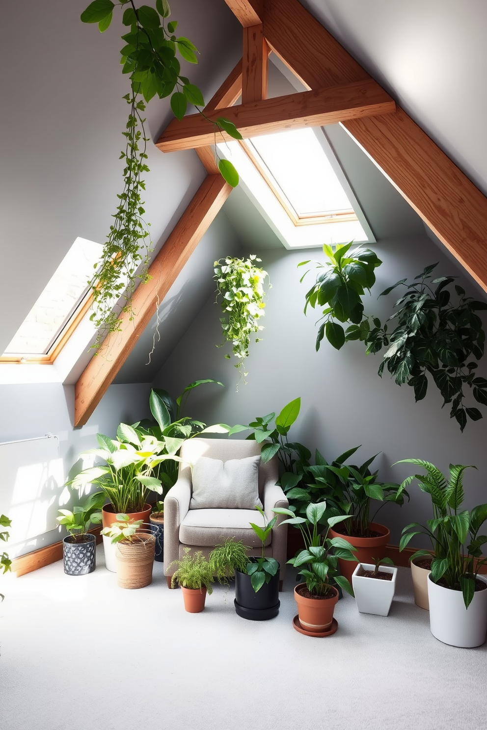 A serene gray attic room filled with lush green plants creates a refreshing atmosphere. The walls are painted in a soft gray tone, complemented by wooden beams that add warmth and character. In one corner, a cozy reading nook features a plush armchair surrounded by various potted plants. Natural light streams in through a skylight, illuminating the space and enhancing the vibrant greenery.