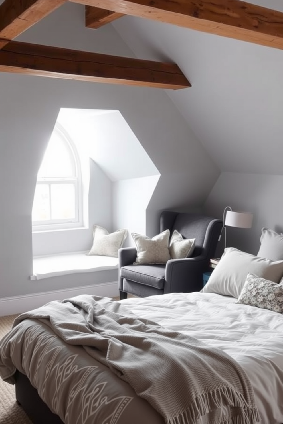 A serene attic room featuring soft gray bedding that invites relaxation. The walls are painted in a light gray hue, complemented by exposed wooden beams that add warmth to the space. A cozy reading nook is created with a plush armchair in a darker gray tone, positioned near a window that allows natural light to filter in. Decorative throw pillows and a soft blanket enhance the comfort of the area, making it a perfect spot to unwind.