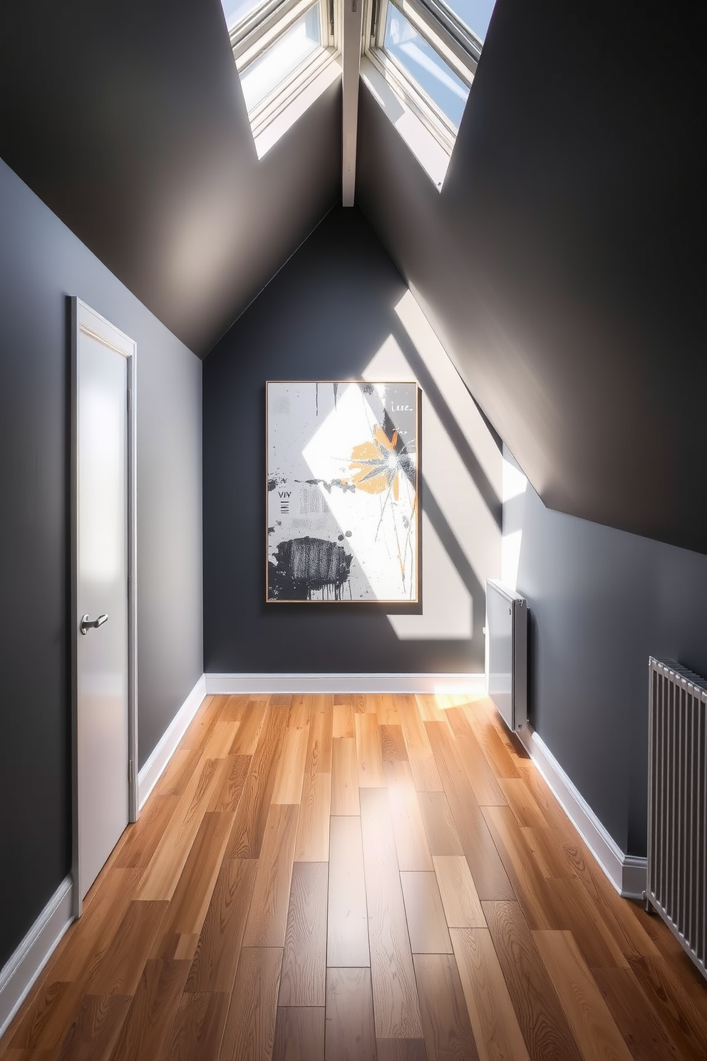 A gray attic room with a dark gray accent wall showcasing a large piece of contemporary artwork. The space is filled with natural light from a skylight, and the flooring features warm wooden planks that contrast with the cool tones of the walls.