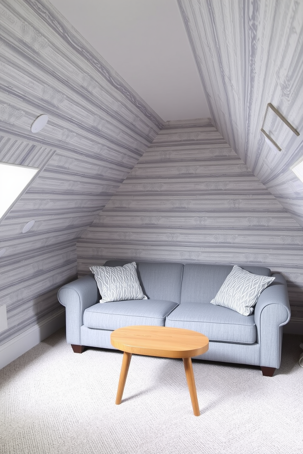 A cozy attic room featuring gray and white striped wallpaper that adds texture and depth to the space. The room is furnished with a plush gray sofa and a small wooden coffee table, creating a perfect reading nook under the sloped ceiling.