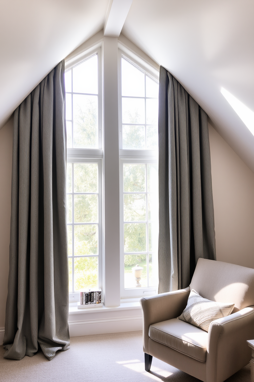 Chic gray curtains elegantly frame the large windows, enhancing the natural light that floods the space. The curtains are made of a soft, textured fabric that adds warmth and sophistication to the room. The attic room features sloped ceilings painted in a soft white, creating a bright and airy atmosphere. A cozy reading nook is nestled under the eaves, complete with a plush armchair and a small bookshelf filled with favorite novels.