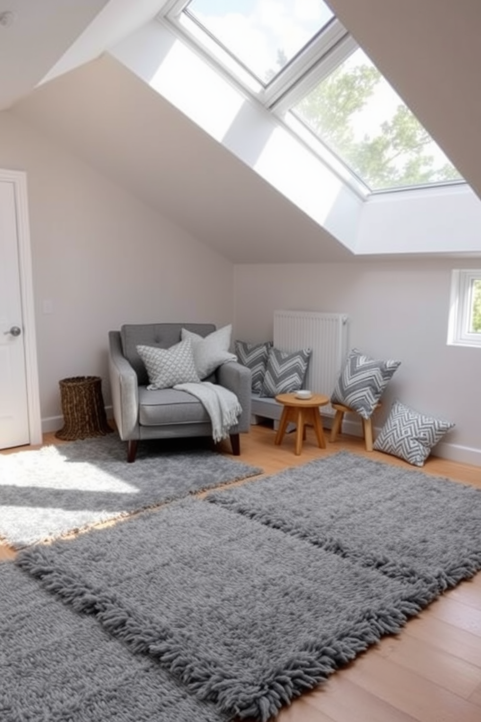 A cozy attic room featuring layered gray rugs that add warmth and texture to the space. The walls are painted in a soft white hue, and natural light floods in through a large skylight, creating an inviting atmosphere. In one corner, a plush gray armchair is paired with a small wooden side table, perfect for reading or relaxing. Decorative throw pillows in varying shades of gray and patterned fabrics enhance the room's comfort and style.