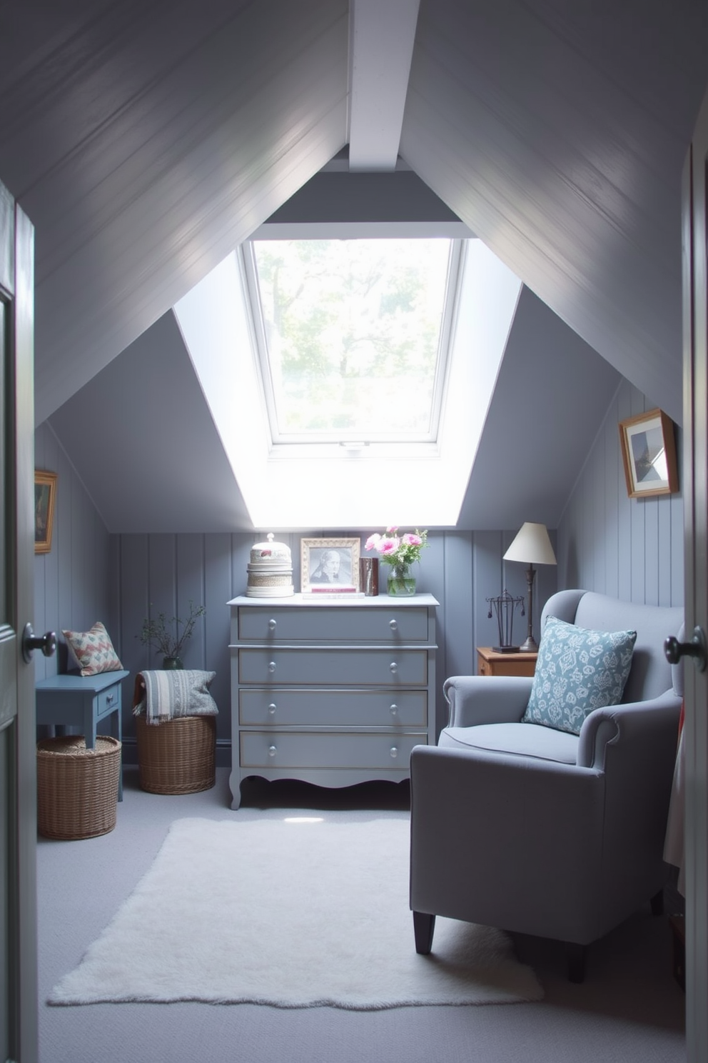 A cozy gray attic room featuring vintage charm. The space is adorned with gray painted furniture, including a charming dresser and a comfortable armchair, creating a warm and inviting atmosphere. Natural light filters through a skylight, illuminating the room's unique architectural features. Soft textiles and patterned throw pillows add a touch of comfort and style to the vintage-inspired decor.