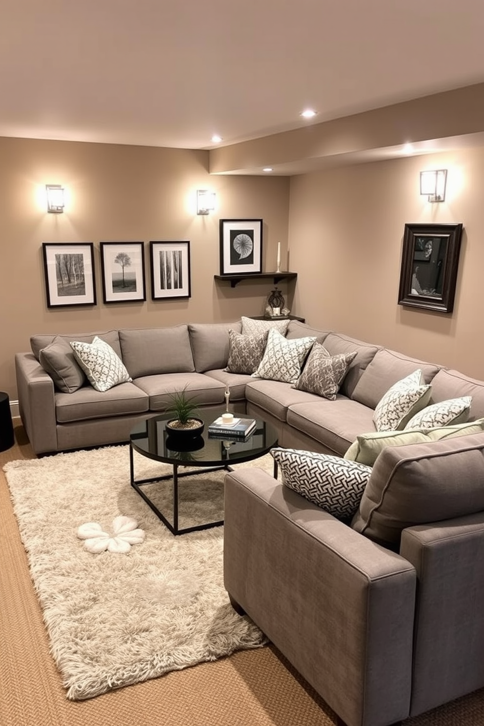 A cozy gray sectional sofa is arranged in a welcoming corner of the basement, complemented by soft throw pillows in varying textures. A plush area rug anchors the seating area, while a stylish coffee table sits in the center, inviting relaxation and conversation. The walls are painted in a warm neutral tone, creating an inviting atmosphere, and ambient lighting fixtures add a soft glow to the space. A few framed art pieces and decorative shelves enhance the design, making the basement feel like a true living area.