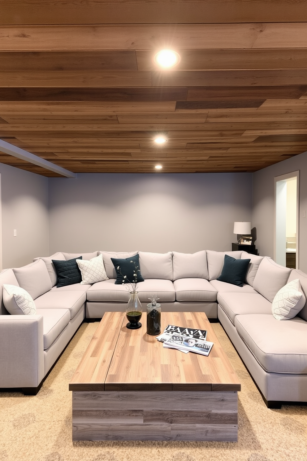 A cozy gray basement featuring reclaimed wood accents creates a warm and inviting atmosphere. The walls are painted in a soft gray tone, complemented by a reclaimed wood ceiling that adds character and depth. In the center of the space, a large sectional sofa upholstered in a light gray fabric invites relaxation. A reclaimed wood coffee table sits in front, adorned with stylish decor and a few magazines for a lived-in feel.