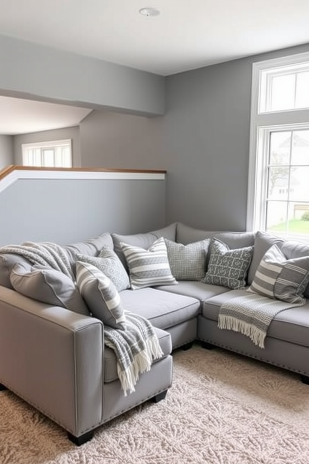 A cozy gray basement featuring a stylish sectional sofa adorned with gray and white striped throw blankets. The walls are painted in a soft gray tone, and large windows allow natural light to brighten the space.