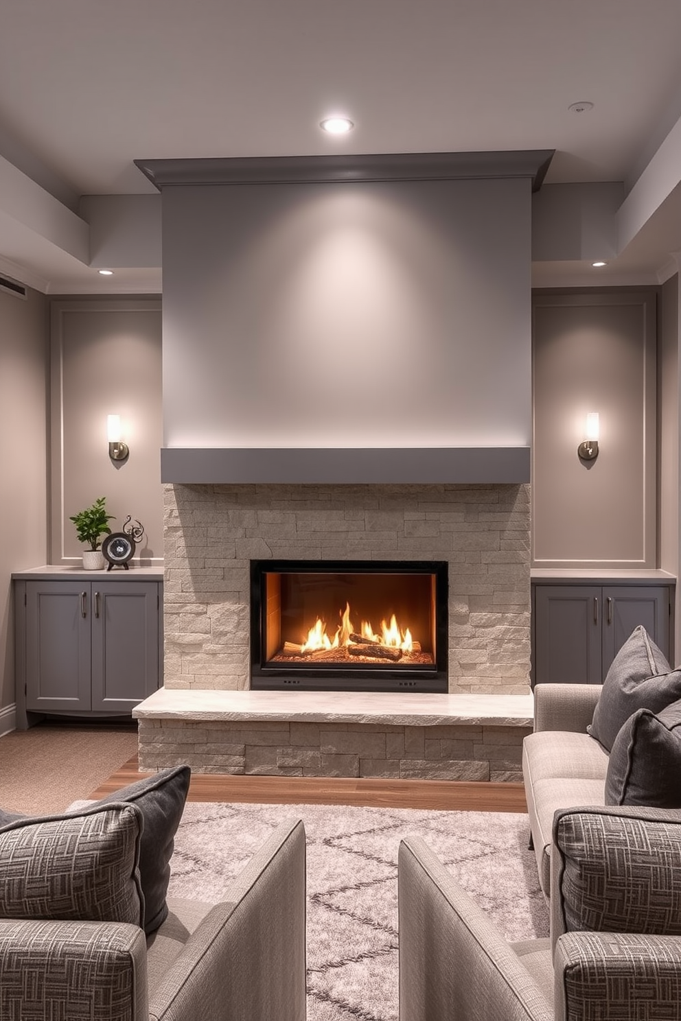 Elegant gray fireplace with stone surround. The fireplace features a sleek design with a textured stone finish that adds warmth to the space. The basement is designed with a modern aesthetic, incorporating soft gray tones throughout. Plush seating arrangements and ambient lighting create a cozy atmosphere perfect for relaxation.