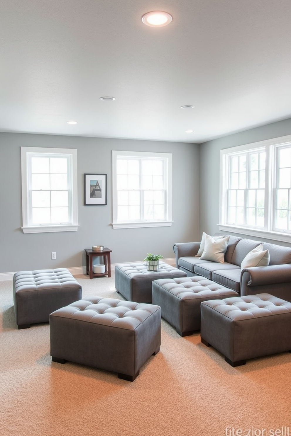 A stylish gray basement designed for versatility. The space features multi-functional gray ottomans that can be used for seating, storage, or as coffee tables. The walls are painted in a soft gray hue, creating a cozy atmosphere. Large windows allow natural light to brighten the room, enhancing the inviting feel of the basement.