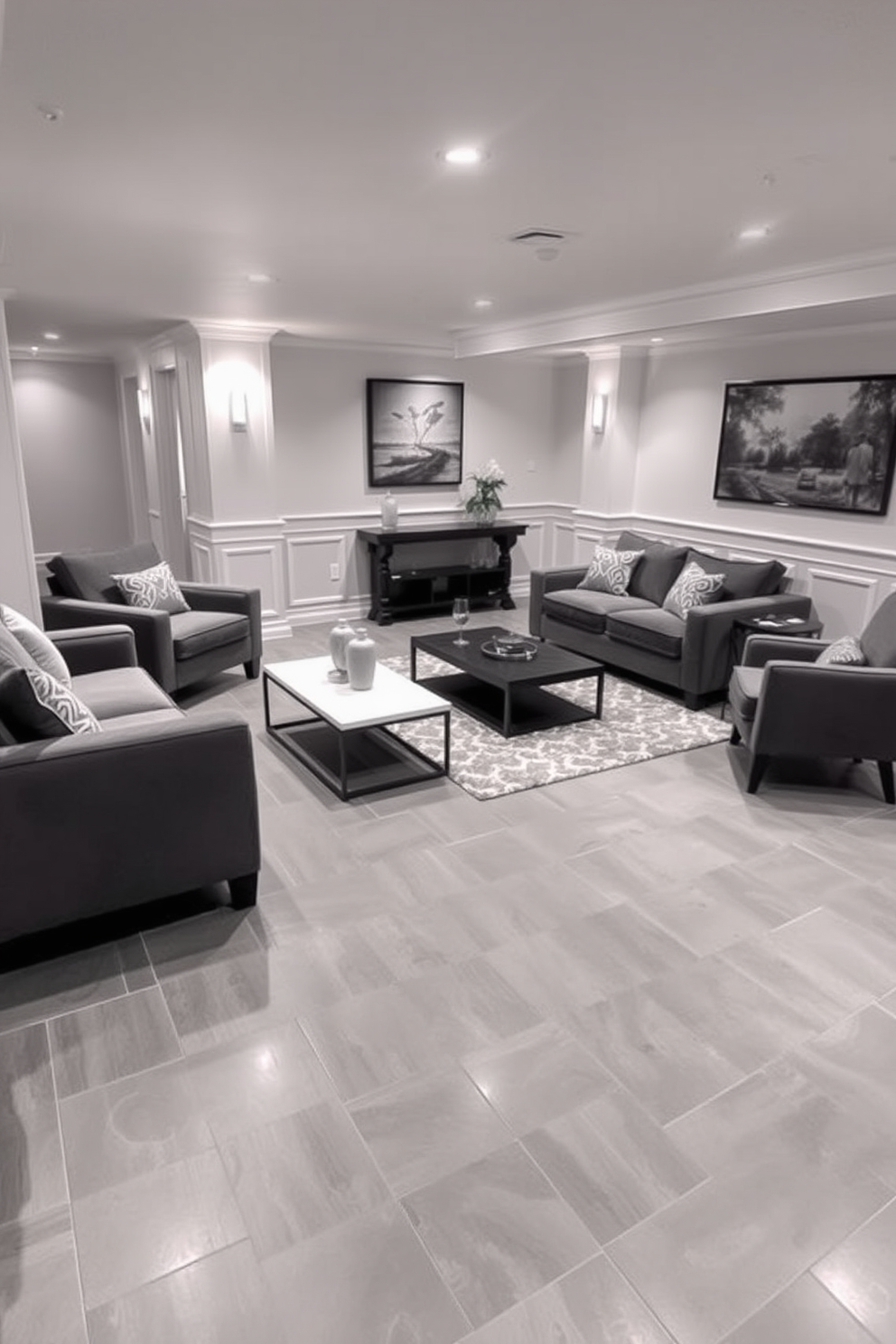 A stylish gray basement featuring gray tile flooring with radiant heat that creates a warm and inviting atmosphere. The walls are painted in a soft white hue, enhancing the brightness of the space and complementing the modern furnishings. Cozy seating areas are arranged with plush gray sofas and accent chairs, perfect for relaxation and entertainment. A sleek coffee table sits in the center, surrounded by tasteful decor and ambient lighting that adds a touch of elegance.