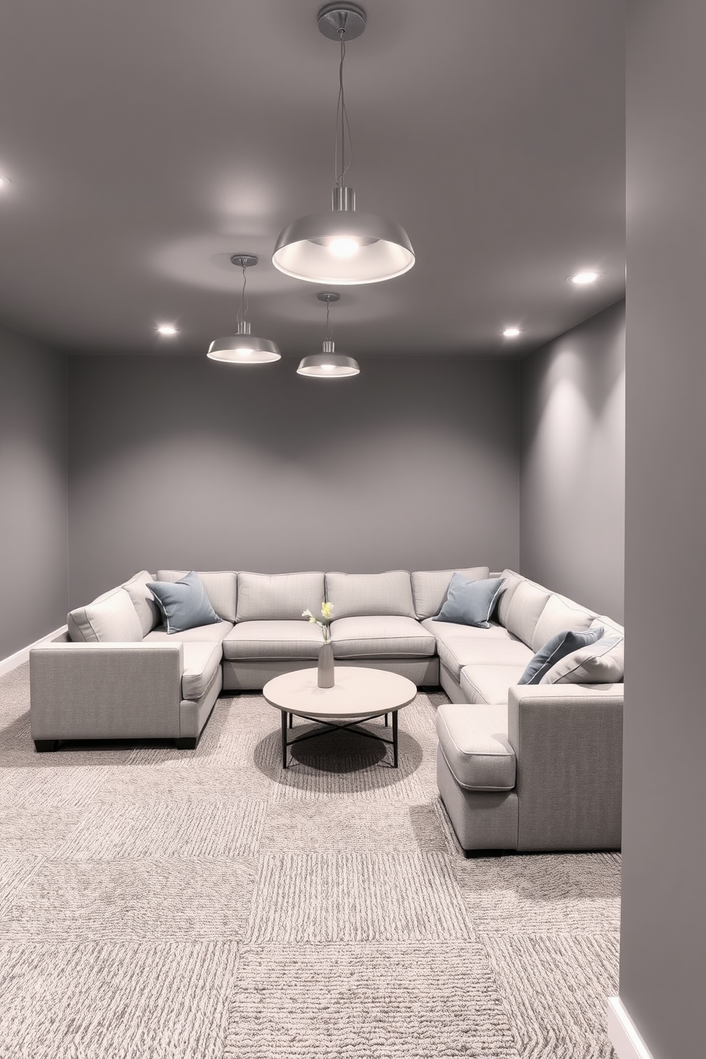 A stylish gray basement designed for relaxation and entertainment. The walls are painted in a soft gray hue, and the flooring features a plush carpet in a darker gray tone. A large sectional sofa in a light gray fabric is arranged around a modern coffee table. Ambient lighting is provided by sleek pendant lights hanging from the ceiling, creating a cozy atmosphere.