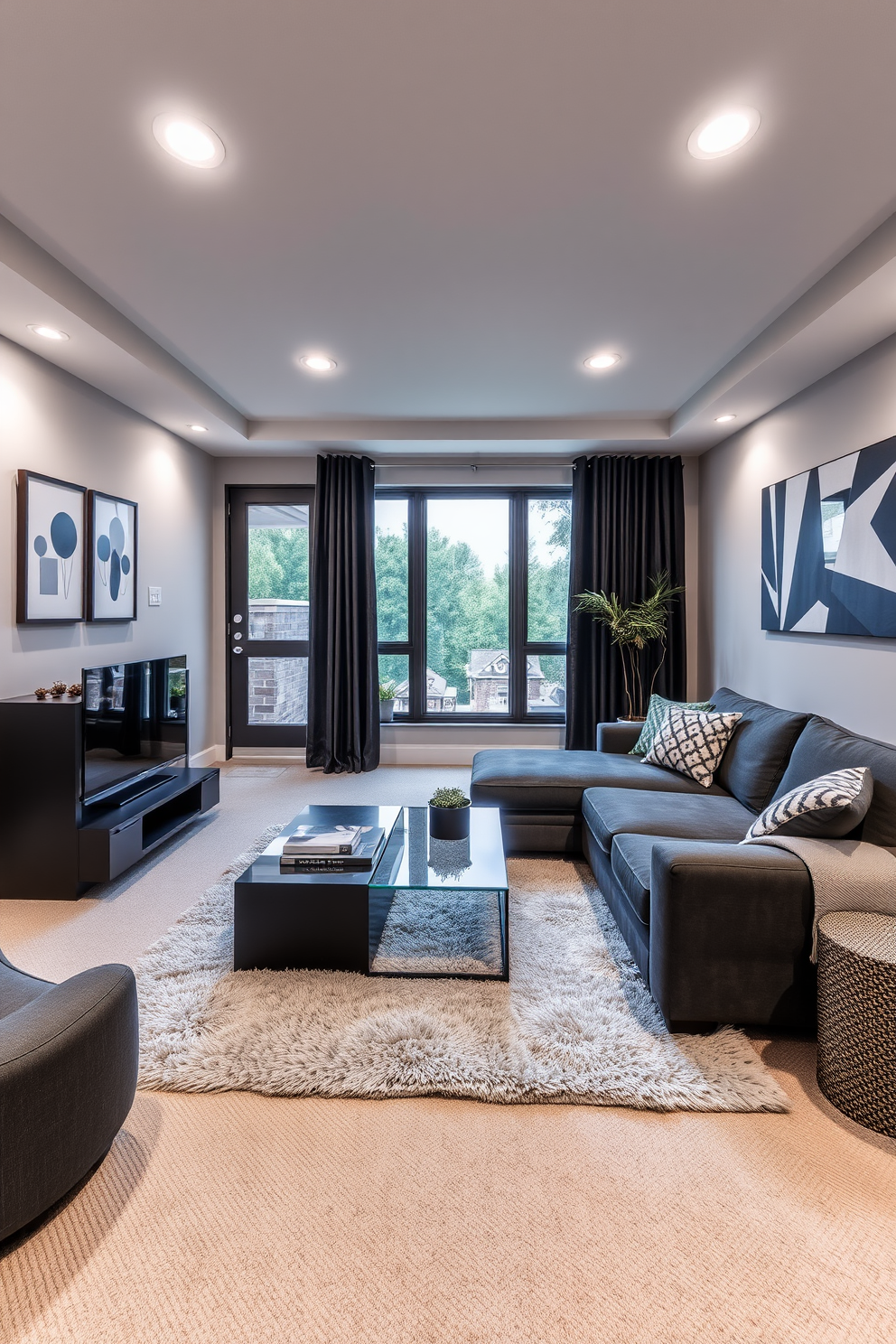 A modern gray basement retreat featuring light gray walls that create an airy atmosphere. Dark accent pieces, including a sleek sectional sofa and a contemporary coffee table, provide a striking contrast. The space is illuminated by recessed lighting that highlights the minimalist decor. A plush area rug adds warmth, while large windows allow natural light to filter in, enhancing the overall design.