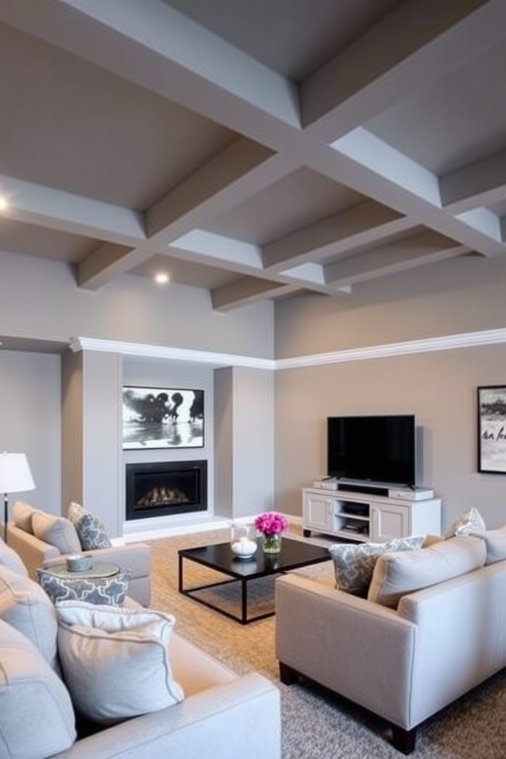 A stylish gray basement featuring exposed ceiling beams that add architectural interest. The walls are painted in a soft gray tone, complemented by plush seating in light fabrics and a sleek entertainment center.