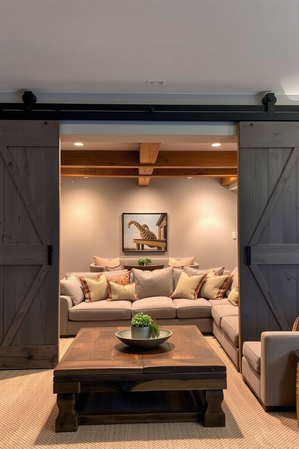 Rustic gray barn doors slide open to reveal a cozy basement retreat. The space features exposed wooden beams and soft ambient lighting that creates a warm atmosphere. The walls are painted in a soft gray tone, complemented by plush furnishings in neutral colors. A large sectional sofa invites relaxation, while a reclaimed wood coffee table adds character to the design.