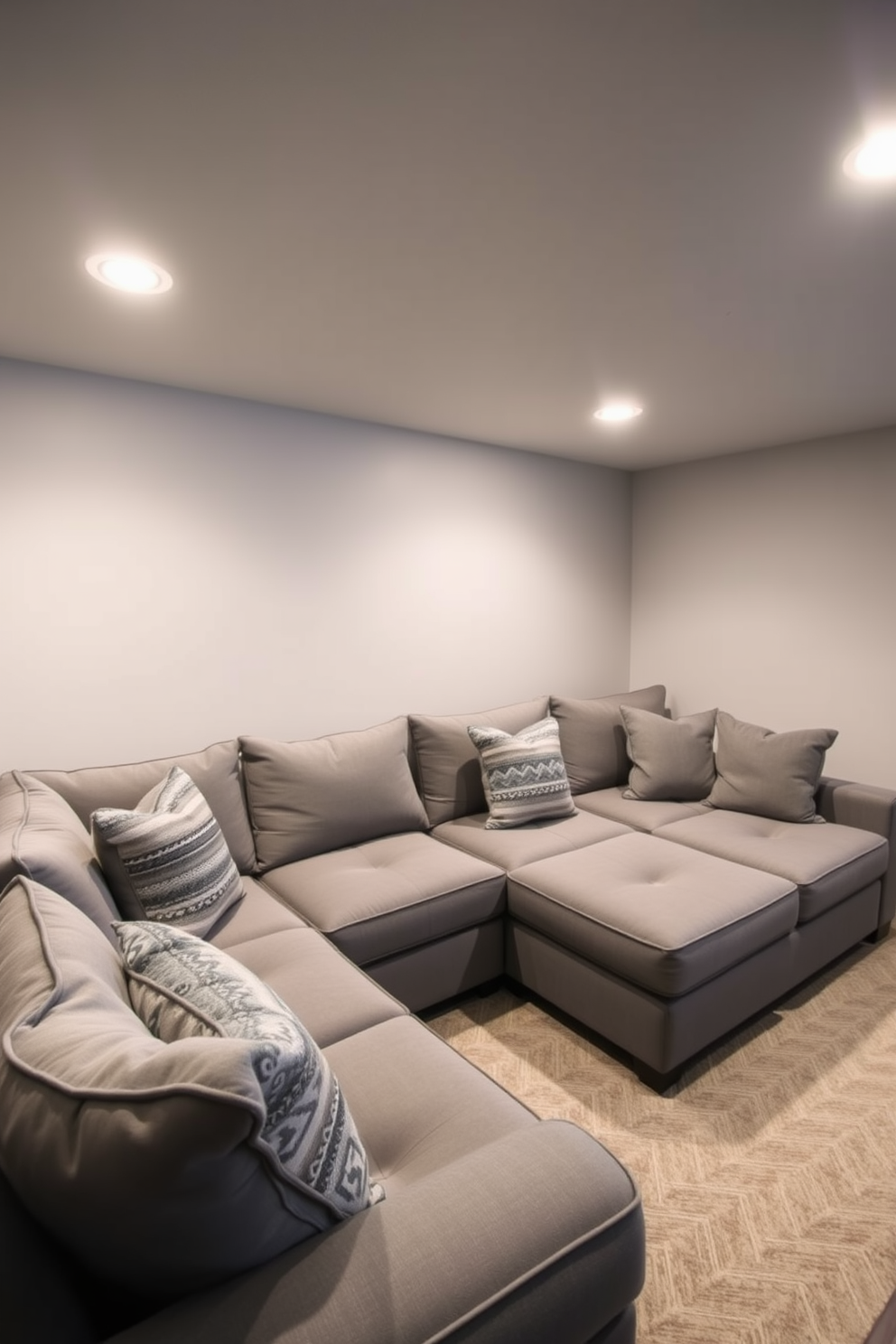 A cozy gray basement featuring a spacious sectional sofa adorned with plush gray accent pillows. Soft ambient lighting illuminates the room, creating a warm and inviting atmosphere for relaxation and entertainment.