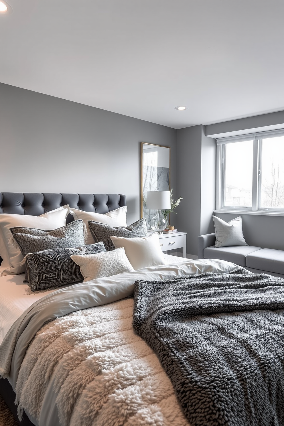 Layered gray and white bedding creates a cozy and inviting atmosphere in a modern bedroom. The plush textures of the bedding are complemented by accent pillows in varying shades of gray. The basement design features a sleek gray color palette with soft white accents. Large windows allow natural light to flood the space, enhancing the airy feel of the room.