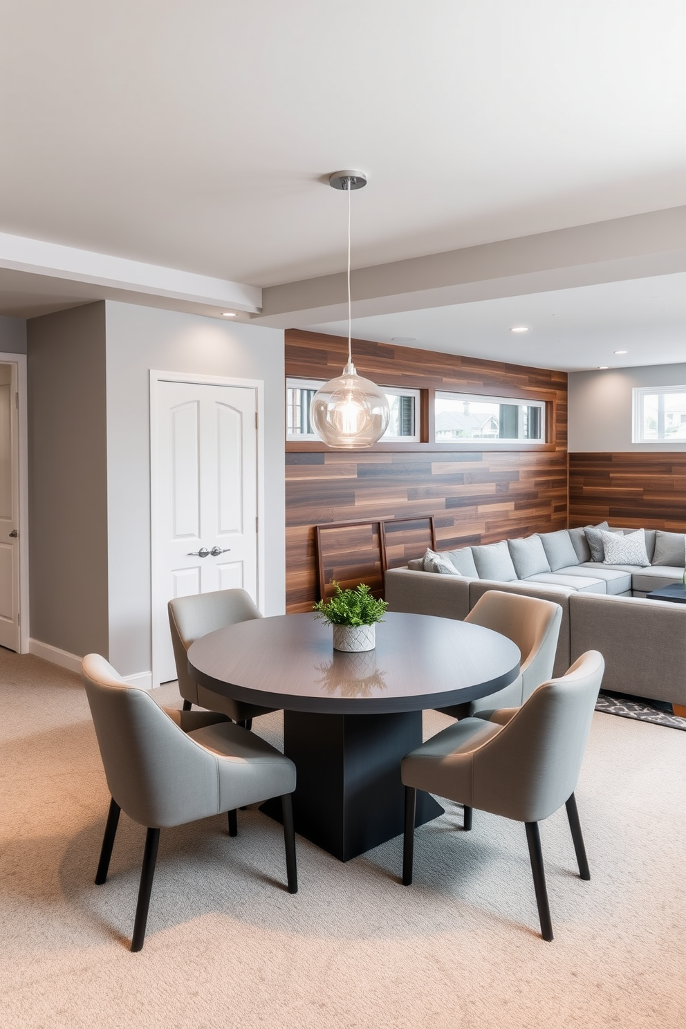 A stylish gray dining table is set in a modern basement, surrounded by plush upholstered chairs in a complementary color. Soft pendant lights hang from the ceiling, casting a warm glow over the table, which is adorned with a simple centerpiece of greenery. The basement features a cozy lounge area with a large sectional sofa in muted tones, creating a perfect space for relaxation. Accent walls in rich wood tones add warmth, while large windows allow natural light to filter in, enhancing the inviting atmosphere.