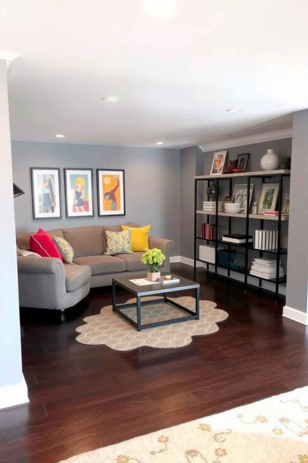 A stylish gray basement design featuring bright gray paint on the walls that creates a modern and airy feel. Colorful accents in the form of vibrant cushions and artwork add personality and warmth to the space. The flooring is a sleek dark laminate that contrasts beautifully with the light walls. A cozy seating area with a plush sofa and a coffee table invites relaxation, while shelves adorned with decorative items enhance the overall aesthetic.