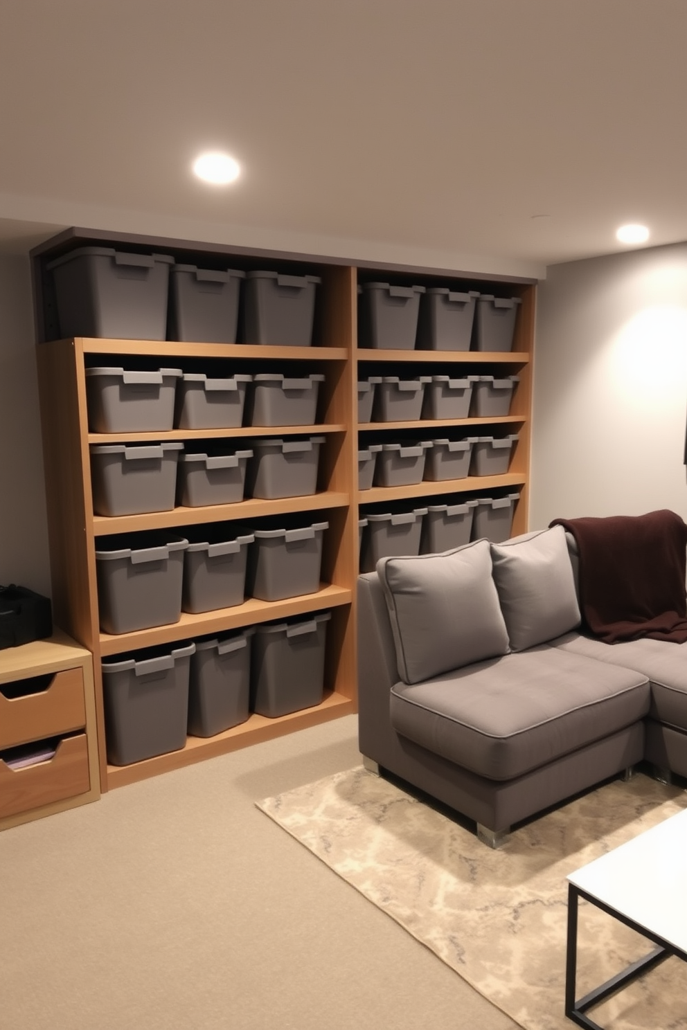 Gray storage bins are neatly arranged on open shelving, providing a streamlined and organized look to the space. The walls are painted in a soft gray hue, complementing the bins and creating a cohesive aesthetic. The basement features a cozy seating area with a plush gray sectional sofa and a modern coffee table. Ambient lighting enhances the inviting atmosphere, making it an ideal spot for relaxation and entertainment.