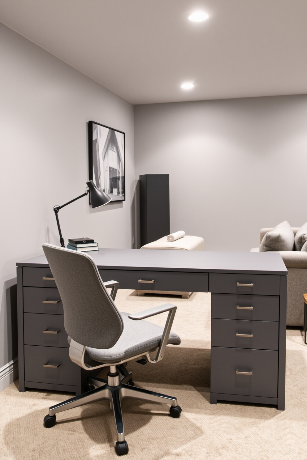 Chic gray desk for a home office. The desk features a sleek design with a polished surface and minimalist hardware, complemented by a comfortable ergonomic chair in a matching gray tone. Gray basement design ideas. The space is transformed into a cozy retreat with soft gray walls, plush seating arrangements, and ambient lighting that creates a warm atmosphere.