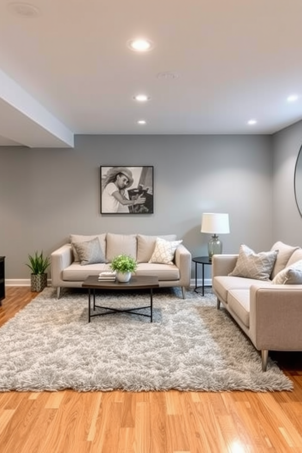 A cozy basement retreat featuring a plush gray area rug that adds warmth to the space. The walls are painted in a soft gray hue, complemented by modern furniture in neutral tones for a harmonious look.