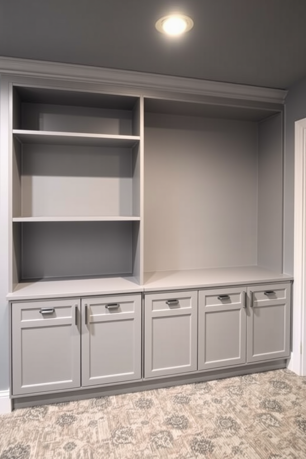 A stylish gray basement featuring built-in shelves that provide ample storage space. The shelves are designed with a modern aesthetic, complementing the overall sleek look of the room.