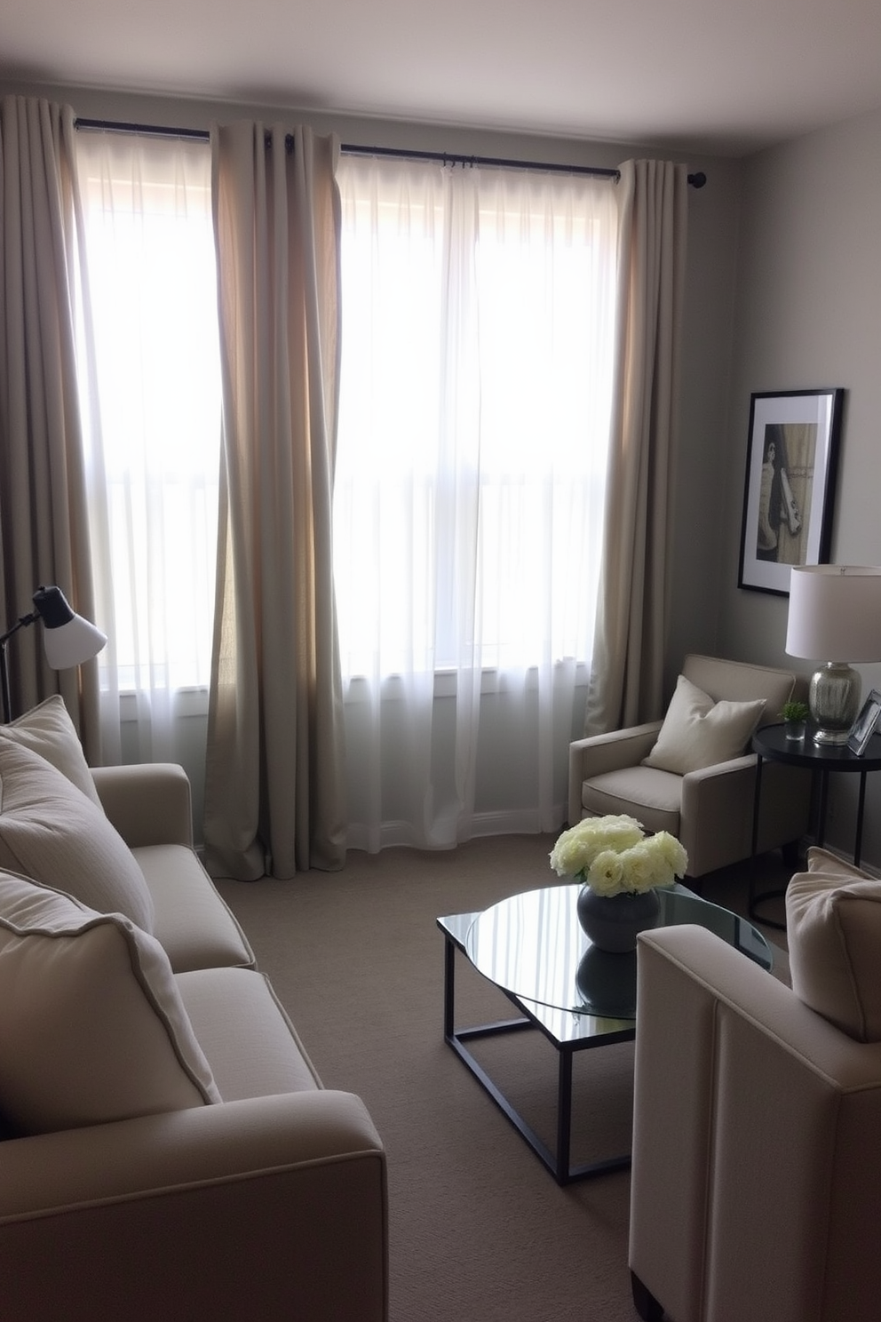 A cozy gray basement retreat featuring soft gray curtains that filter natural light beautifully. The walls are painted in a light gray hue, complemented by plush seating arrangements and a stylish coffee table.