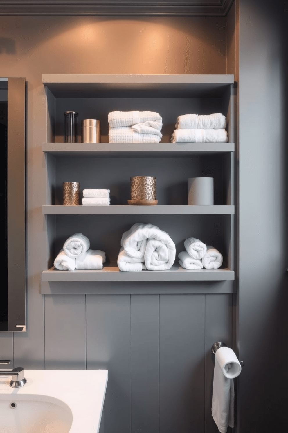 Open shelving made of gray painted wood lines the wall, displaying neatly arranged towels and decorative items. The bathroom features a sleek gray color palette, with soft lighting that enhances the modern aesthetic.