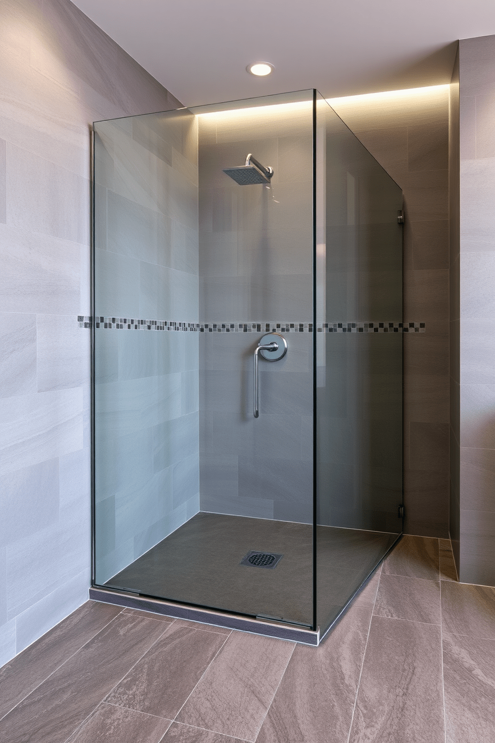 A modern gray stone shower features a sleek glass enclosure that enhances the spacious feel of the bathroom. The walls are adorned with matching gray tiles, creating a cohesive and elegant design. The floor is covered with large format tiles in a darker gray tone, providing a striking contrast. Soft ambient lighting highlights the textures of the stone, adding warmth to the contemporary aesthetic.