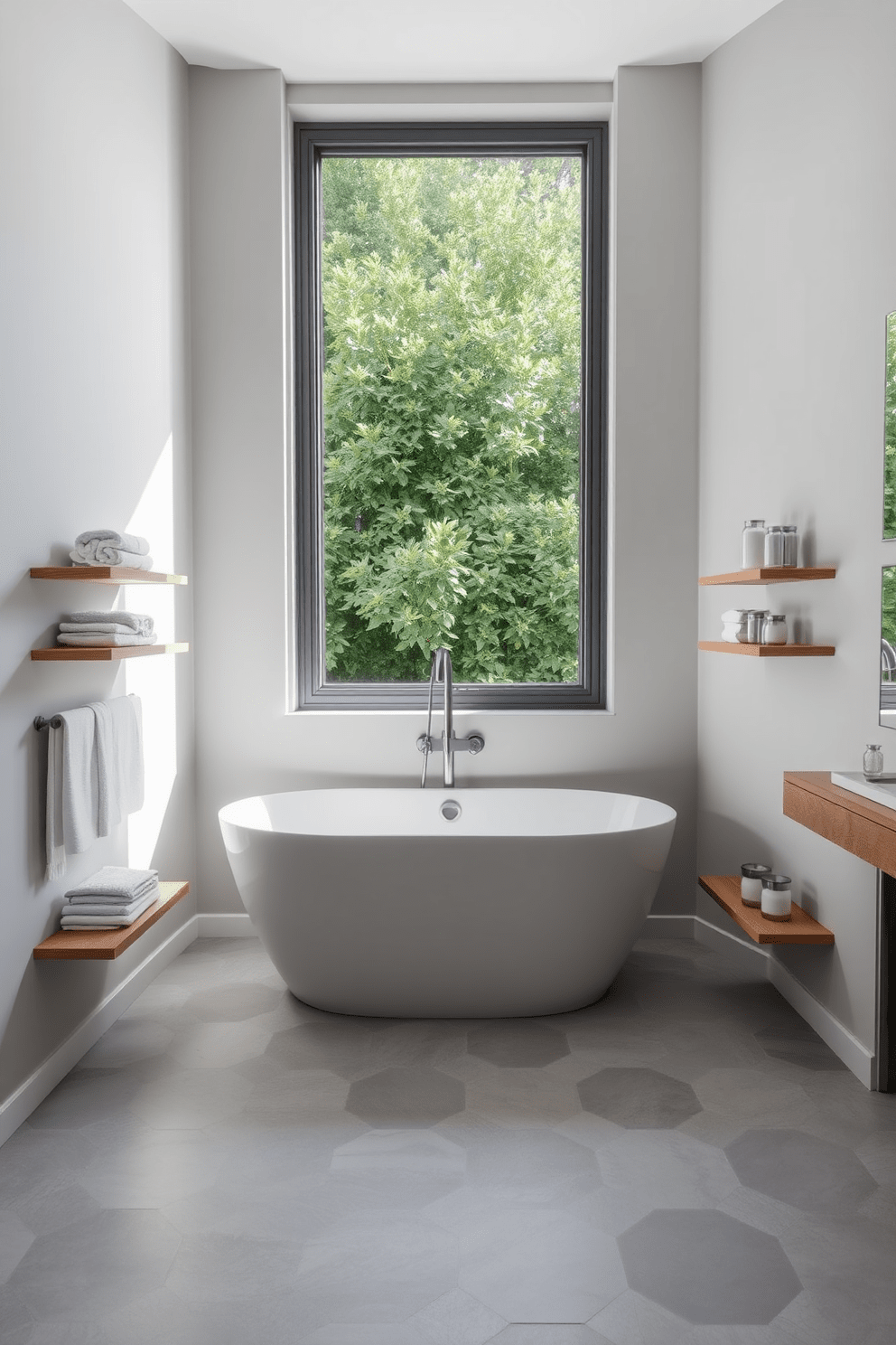 A modern bathroom featuring subtle gray hexagon floor tiles that create a stylish and contemporary look. The walls are painted in a soft gray tone, complementing the elegant flooring and enhancing the serene atmosphere. In the center, a sleek freestanding bathtub is positioned beneath a large window, allowing natural light to flood the space. Flanking the bathtub are minimalist wooden shelves displaying neatly arranged towels and decorative items.