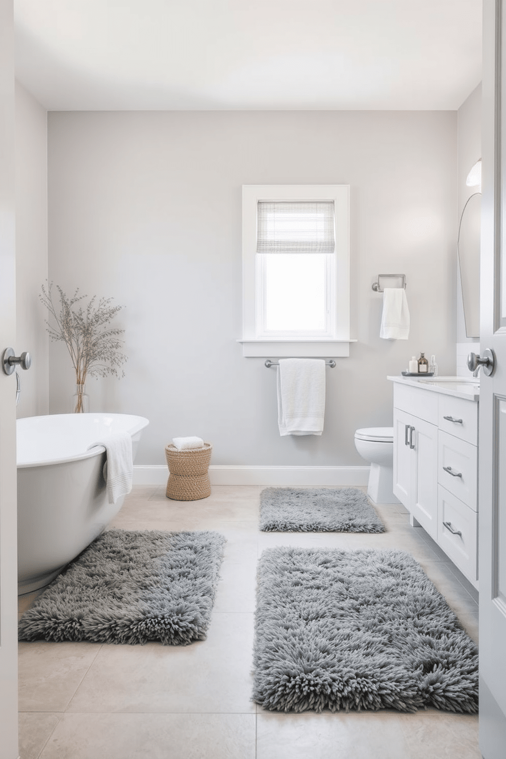 A serene bathroom ambiance featuring soft gray rugs that enhance the cozy atmosphere. The walls are painted in a light gray hue, complemented by sleek white cabinetry and modern fixtures.