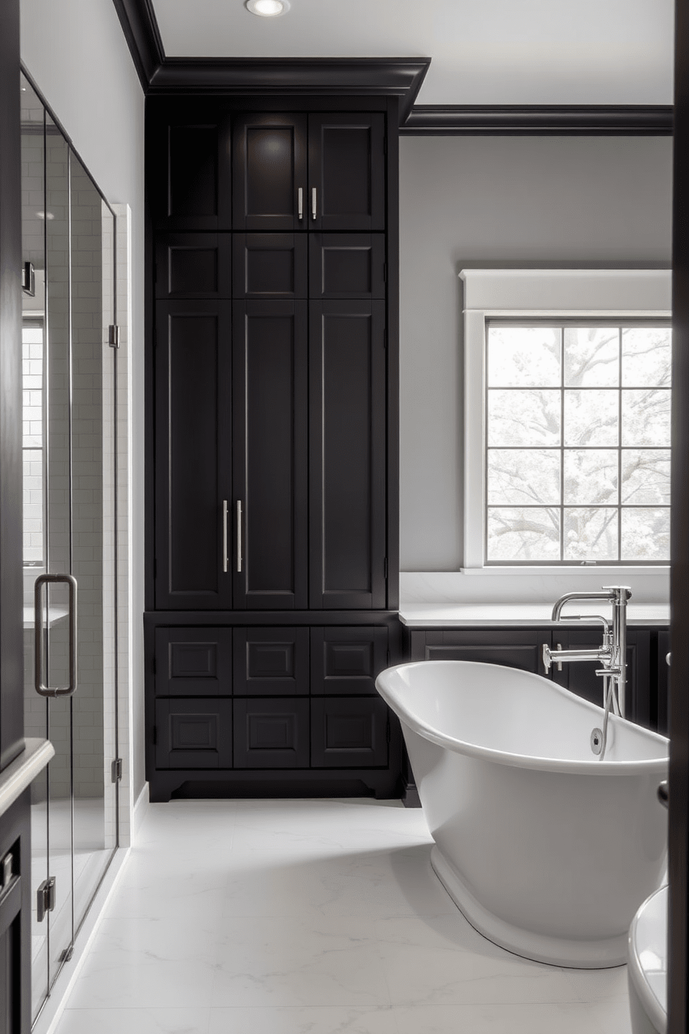 A serene gray bathroom featuring soft gray walls that create a calming atmosphere. The dark cabinetry contrasts beautifully with the light walls, providing a sophisticated touch. The space includes a spacious shower with glass doors and sleek fixtures. A freestanding tub is positioned near a window, allowing natural light to enhance the elegant design.