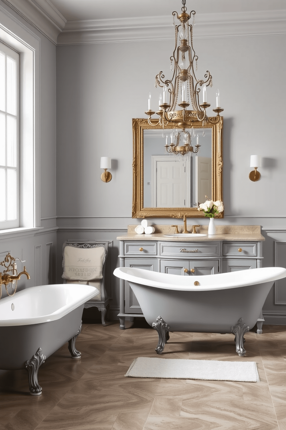 A vintage gray furniture set creates an elegant and timeless atmosphere in a classic bathroom. The space features a freestanding bathtub with ornate feet, complemented by a matching gray vanity adorned with antique brass fixtures. The walls are painted in a soft gray hue, enhancing the vintage charm of the room. A large, framed mirror hangs above the vanity, reflecting the light from a stylish chandelier that adds a touch of luxury.