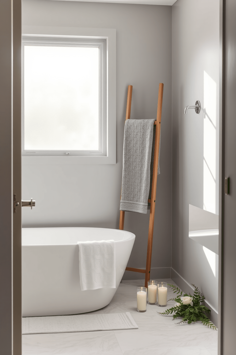 A serene bathroom setting that exudes a spa-like atmosphere. The space features layered gray towels neatly arranged on a sleek wooden rack, creating a calming focal point. The walls are painted in a soft gray hue, complemented by elegant fixtures and natural light streaming through a frosted window. A minimalist bathtub sits in the corner, surrounded by candles and greenery for a touch of tranquility.