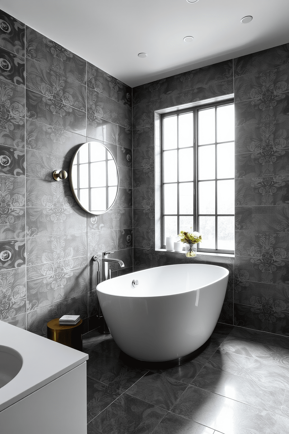 A chic bathroom featuring gray ceramic tiles adorned with intricate floral patterns. The space is complemented by sleek fixtures and elegant accents that enhance the overall aesthetic. Natural light streams in through a large window, illuminating the gray tones and creating a serene atmosphere. A stylish freestanding bathtub sits against one wall, inviting relaxation and tranquility.