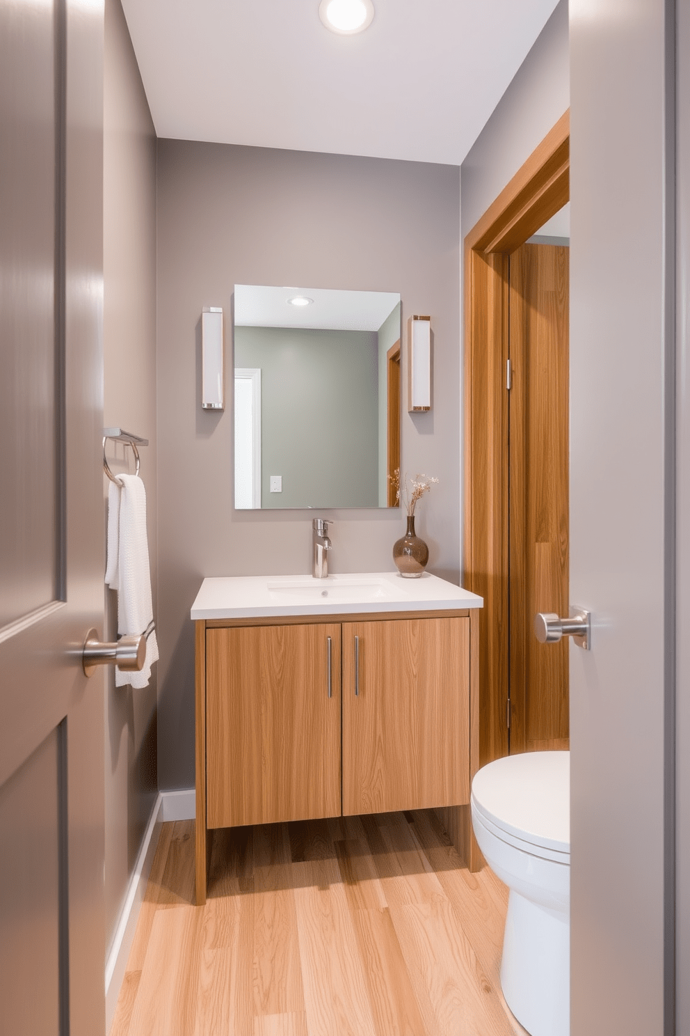 A contemporary gray bathroom featuring warm wooden accents. The walls are painted in a soft gray, complemented by a sleek wooden vanity with a white countertop. The flooring consists of light wood planks that add warmth to the space. Elegant fixtures in brushed nickel enhance the modern aesthetic while providing functionality.