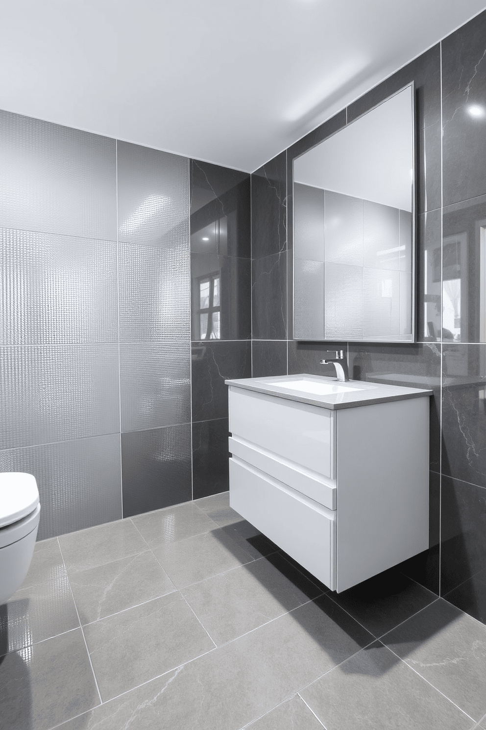 A sleek bathroom featuring shiny gray tiles that reflect light, creating a modern and spacious atmosphere. The walls are adorned with a subtle texture, enhancing the contemporary aesthetic while maintaining a clean look. The vanity is a minimalist design in white, topped with a polished gray countertop that complements the tiled floor. Stylish fixtures in chrome add a touch of elegance, while a large mirror expands the visual space and brightens the room.