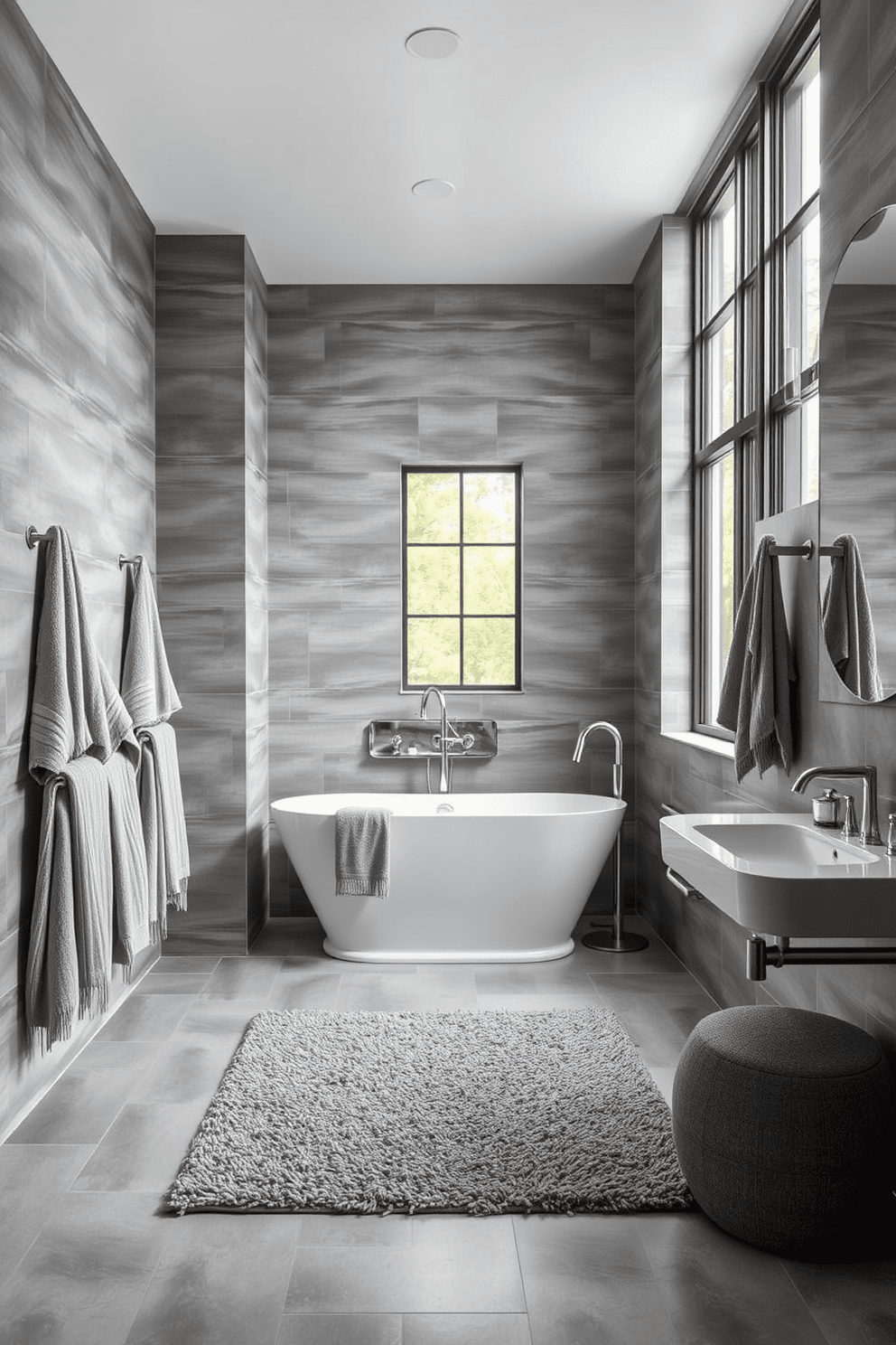 A modern gray bathroom featuring a blend of textures with soft gray fabrics and sleek metallic accents. The walls are adorned with gray tiles, while plush gray towels hang elegantly from polished chrome fixtures. A freestanding soaking tub sits in the center, surrounded by a textured gray rug that adds warmth to the space. Large windows allow natural light to flood in, highlighting the subtle variations in the gray tones throughout the room.