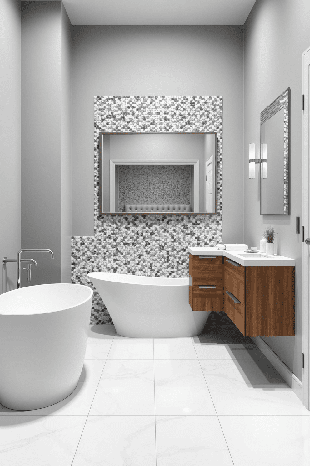 A contemporary gray bathroom featuring a stunning gray mosaic backsplash that adds depth and texture to the space. The walls are painted in a soft gray hue, complemented by sleek silver fixtures and a modern freestanding bathtub. The floor is adorned with large white tiles that contrast beautifully with the gray elements. A minimalist wooden vanity with a white countertop sits beneath a large framed mirror, enhancing the room's elegance.