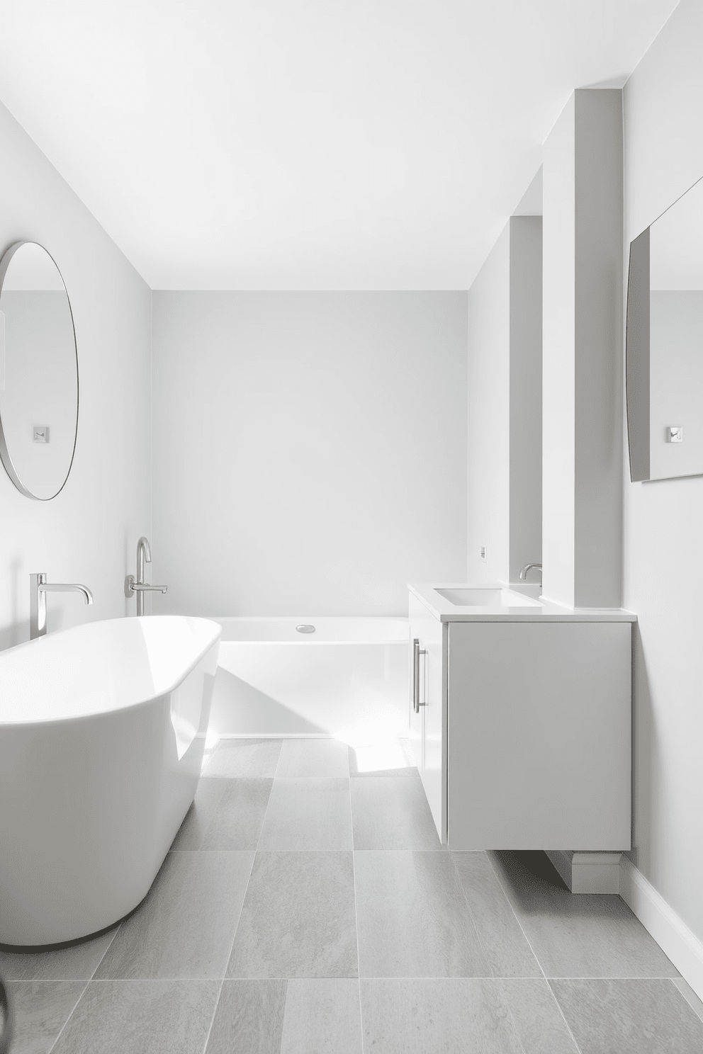 Bright white fixtures stand out against the soft gray walls, creating a clean and modern aesthetic. The space features a sleek white bathtub and a minimalist vanity with a polished chrome faucet. Large rectangular tiles in varying shades of gray line the floor, adding depth and texture to the design. A stylish wall-mounted mirror reflects the natural light, enhancing the airy feel of the room.