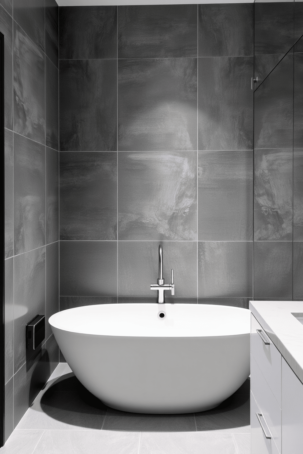 A luxurious gray bathroom features a freestanding tub with a sleek modern faucet positioned elegantly in the center. The walls are adorned with textured gray tiles, complemented by a minimalist vanity with a polished countertop and stylish fixtures.