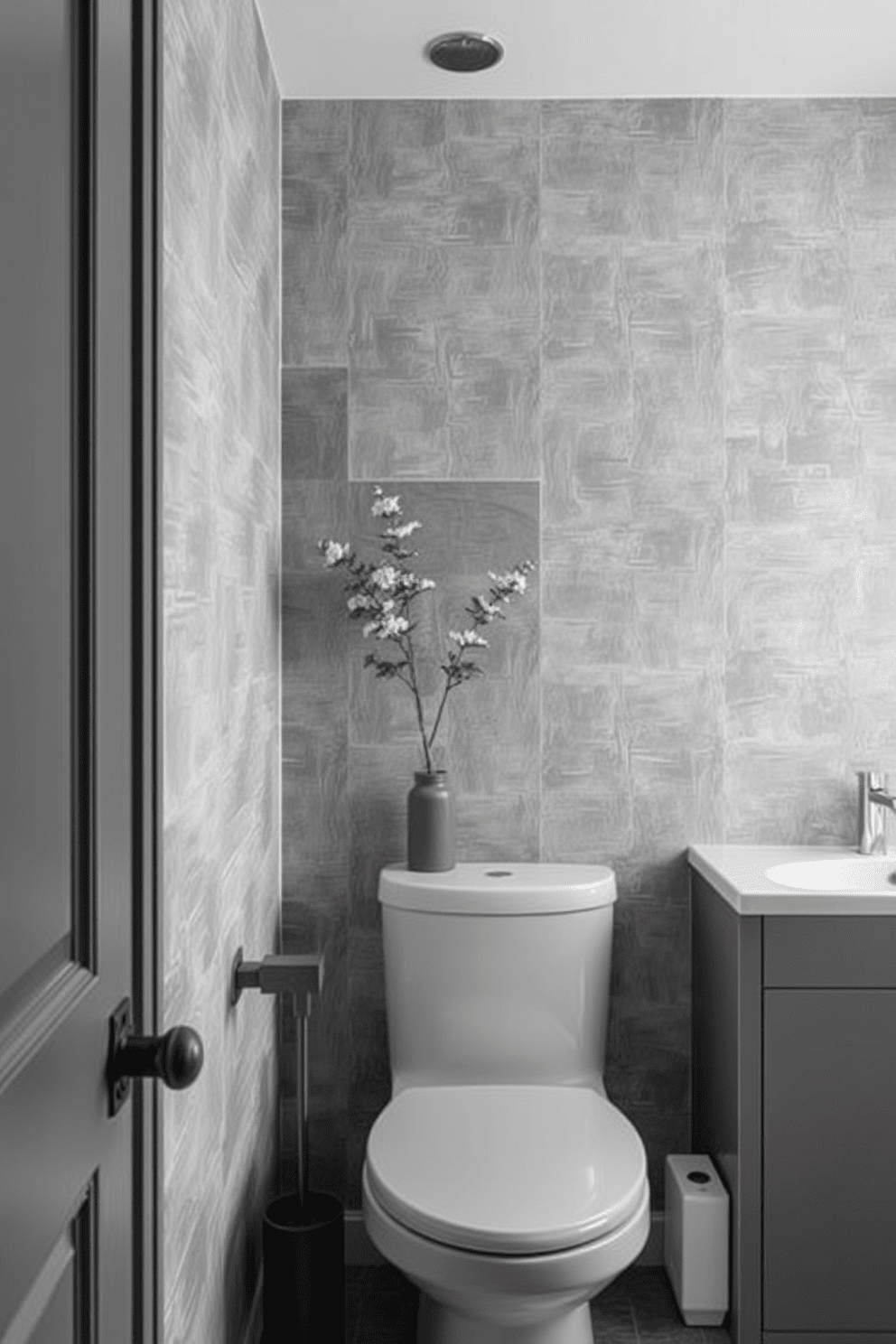 Textured gray wallpaper adds depth and sophistication to the bathroom. The design features sleek gray fixtures and a minimalist aesthetic that enhances the calming atmosphere.