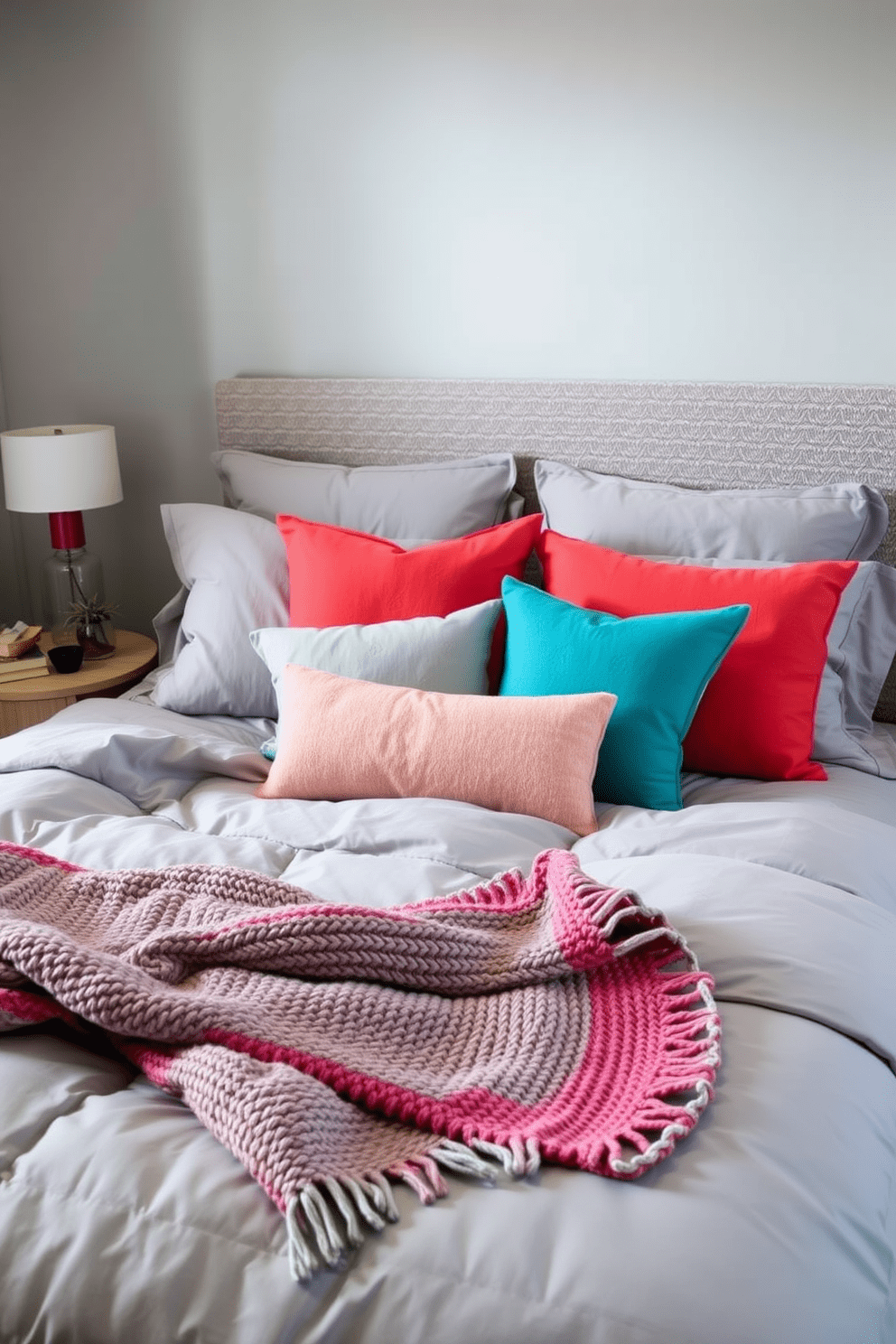 Cozy gray bedding with colorful accents creates a warm and inviting atmosphere in the bedroom. The walls are painted in a soft gray hue, complemented by vibrant throw pillows and a textured blanket that adds a pop of color.